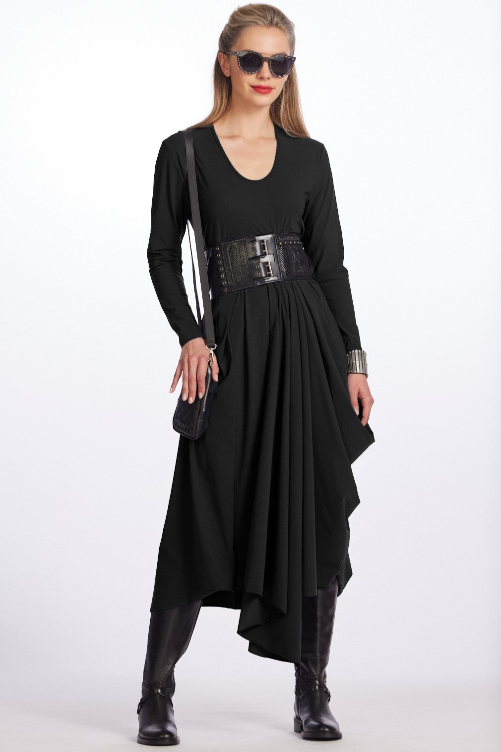 Paula Ryan Scoop Neck Hitched Tulip Dress -Black  ROSSELLINI + SHINE