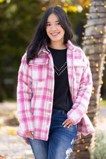 With Hood Pink Flannel Jacket Blue, Pink, White Plaid Shacket Blue