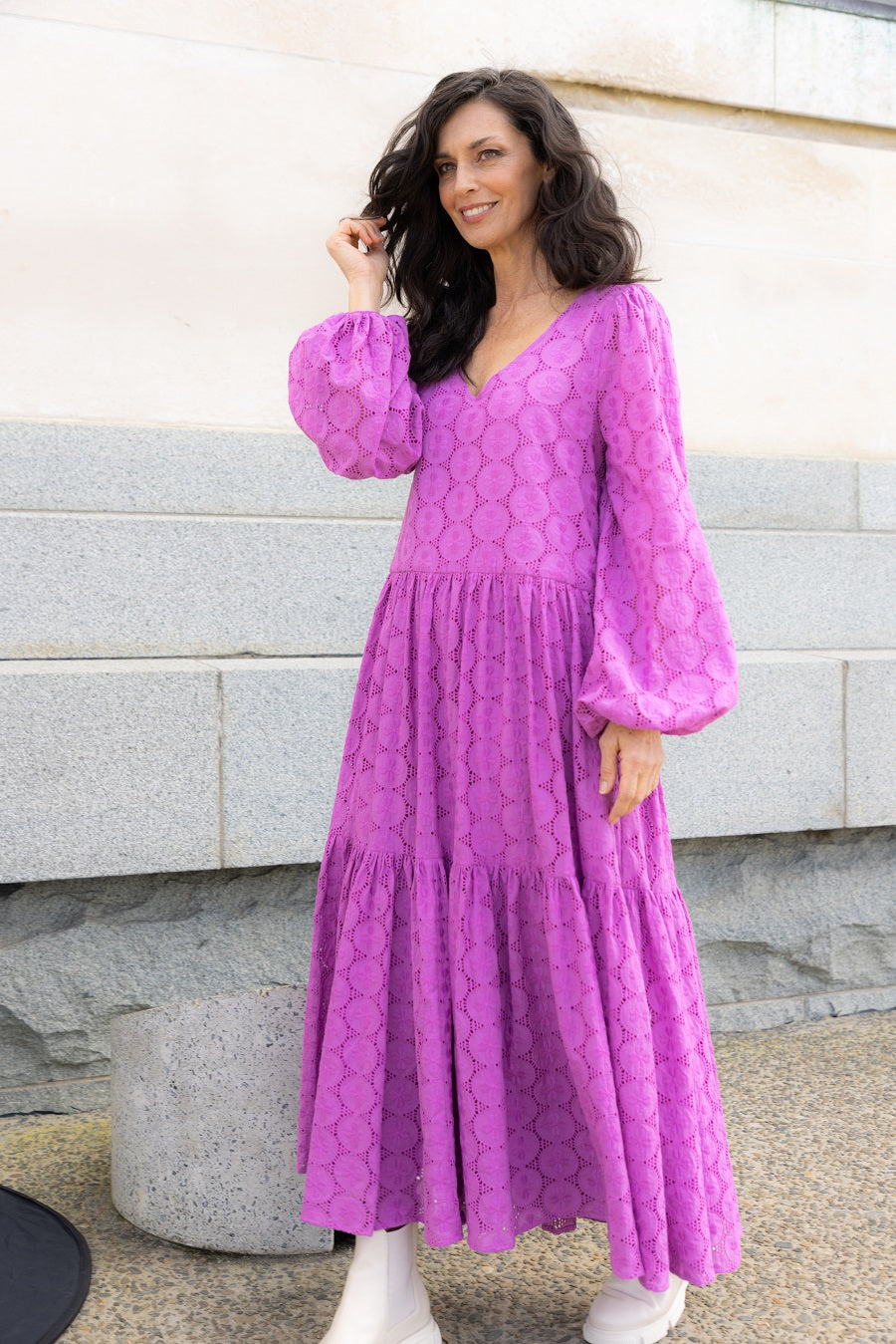 white christmas dresses Rosie Ruched Puff Sleeve Dress in Magenta