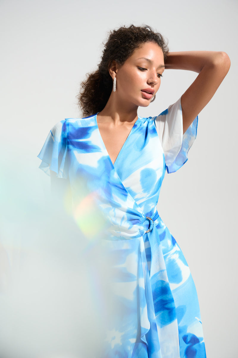 Joseph Ribkoff Chiffon Wrap Dress - Vanilla Blue