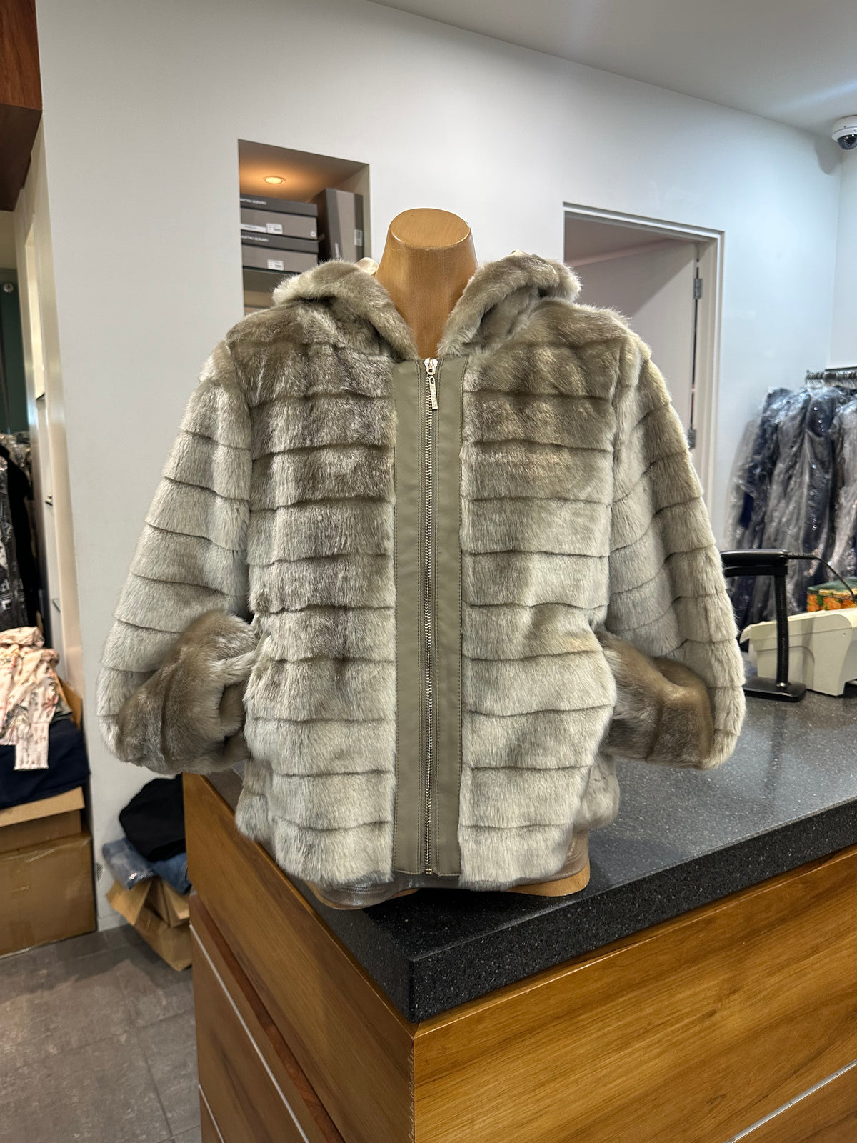 Gaudi Hooded Faux Fur Zip Up Jacket - Rainy Grey