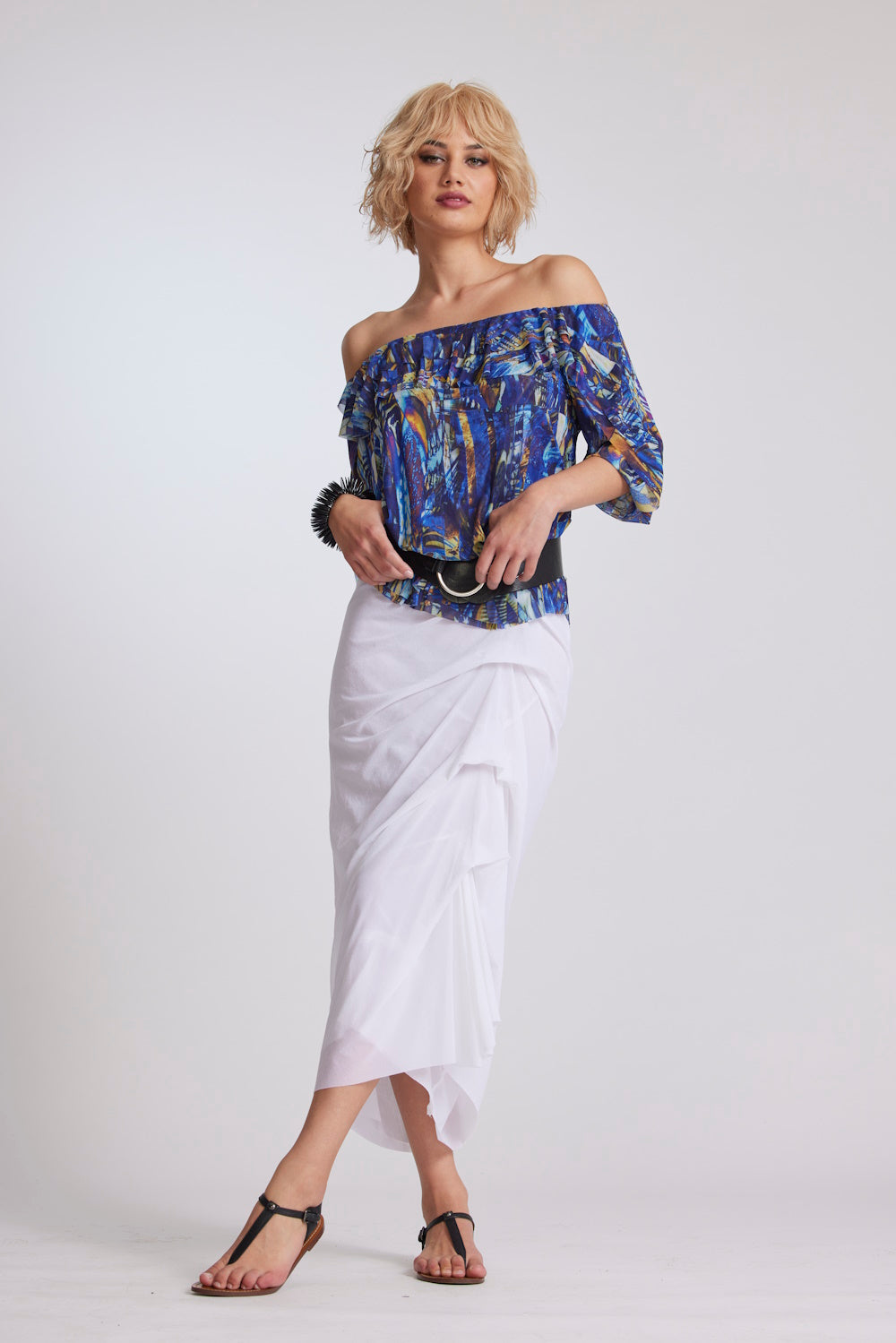 Paula Ryan Side Tuck Stretch Mesh Skirt Navy