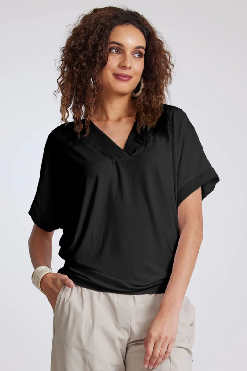 Paula Ryan V Neck Side Tuck Top - Black - Micromodal