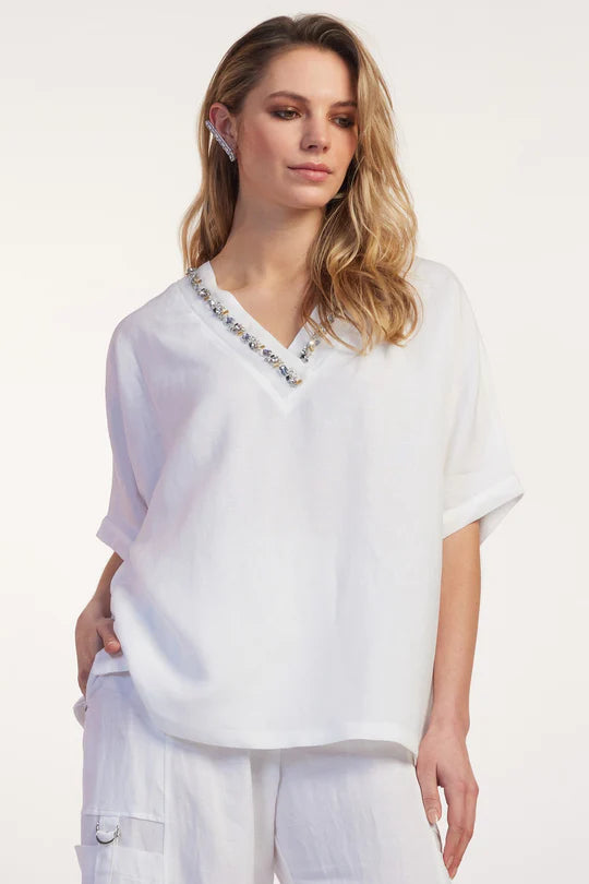 Paula Ryan Beaded V Neck Top - White