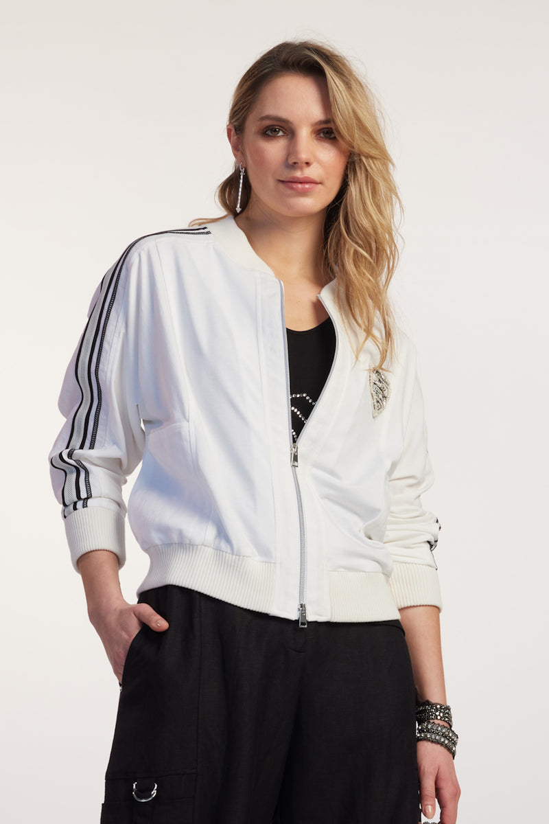 Paula Ryan Zip Front Linen and Viscose Bomber - White