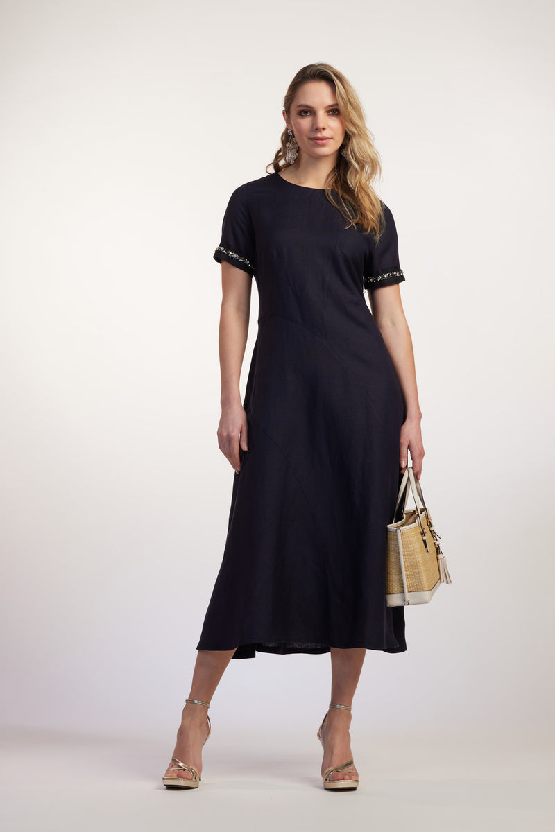 Paula Ryan Scoop Neck Beaded Sleeve Linen Dress - Black