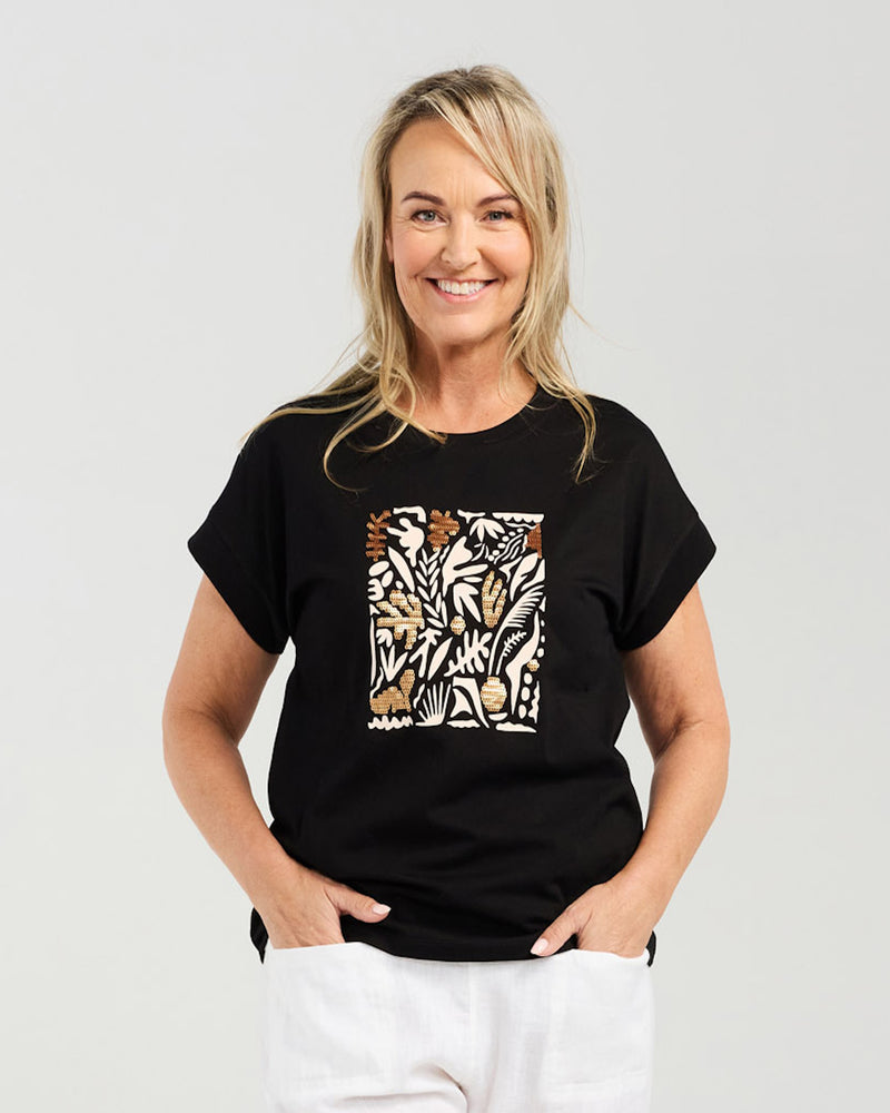 Blackstone Palm Leaf Sequin Tee- Black