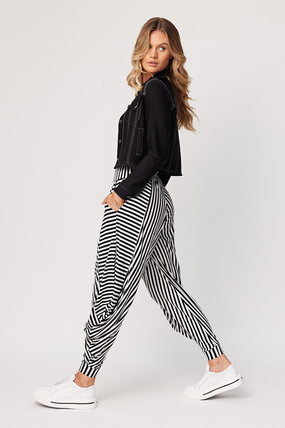 Heidi Stretchy Tapered Cotton Jogger Pants - Black/White Stripe