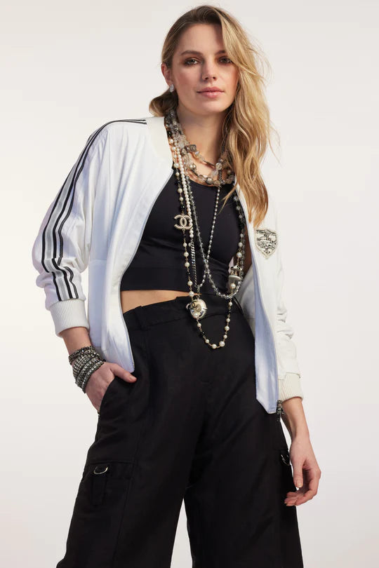 Paula Ryan Zip Front Linen and Viscose Bomber - White