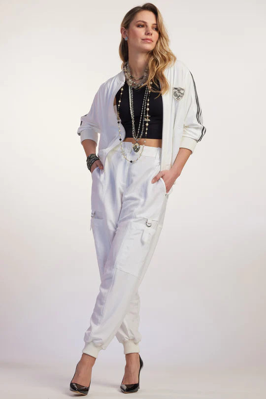 Paula Ryan Zip Front Linen and Viscose Bomber - White