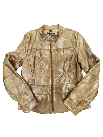 Moss and Spy Gold Leather Biker Jacket SHINE ROSSELLINI