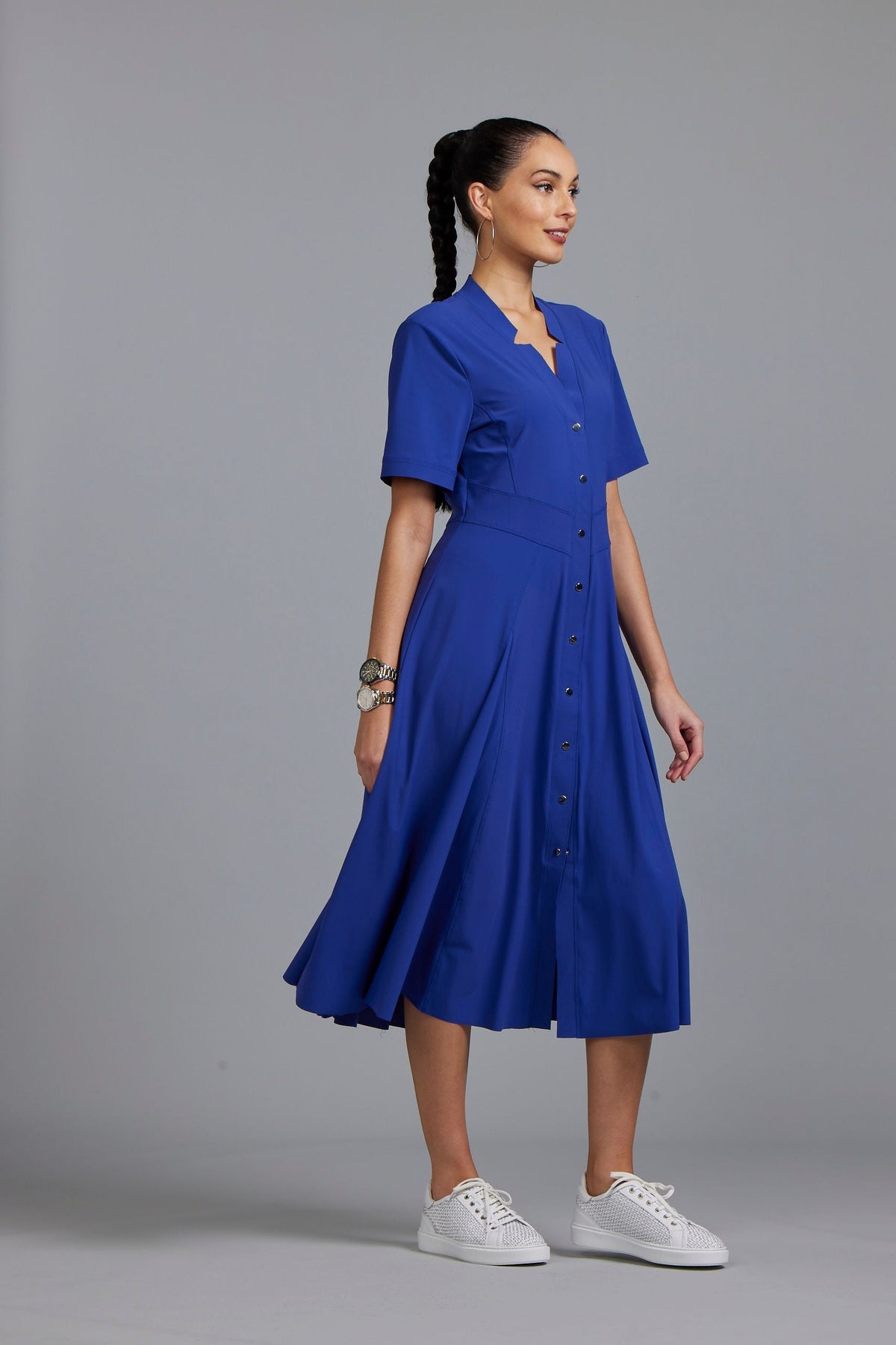Paula Ryan Notched Neck Dome Front Shirtdress - Imperial Blue