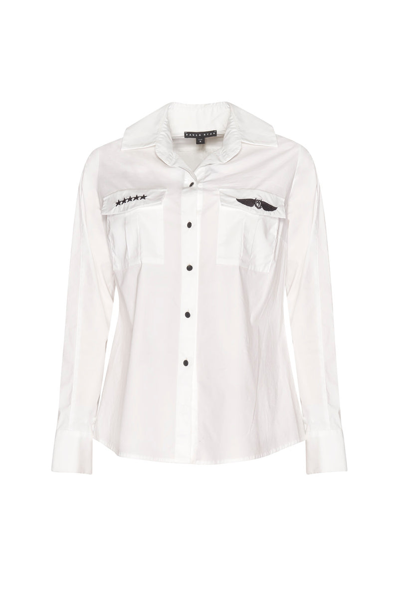 High Collar Back Trim Shirt - White