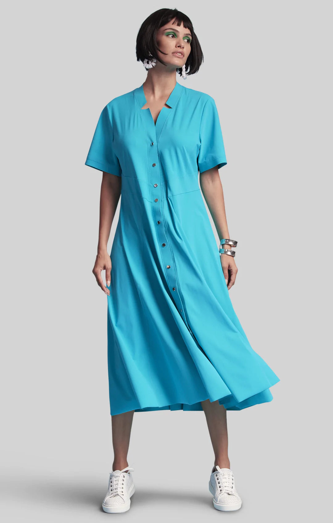 Paula Ryan Notched Neck Dome Front Shirtdress - Teal