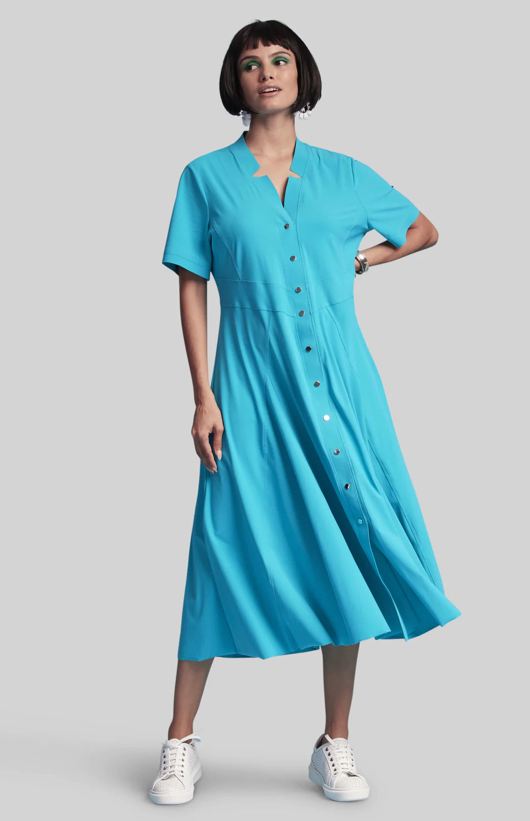 Paula Ryan Notched Neck Dome Front Shirtdress - Teal