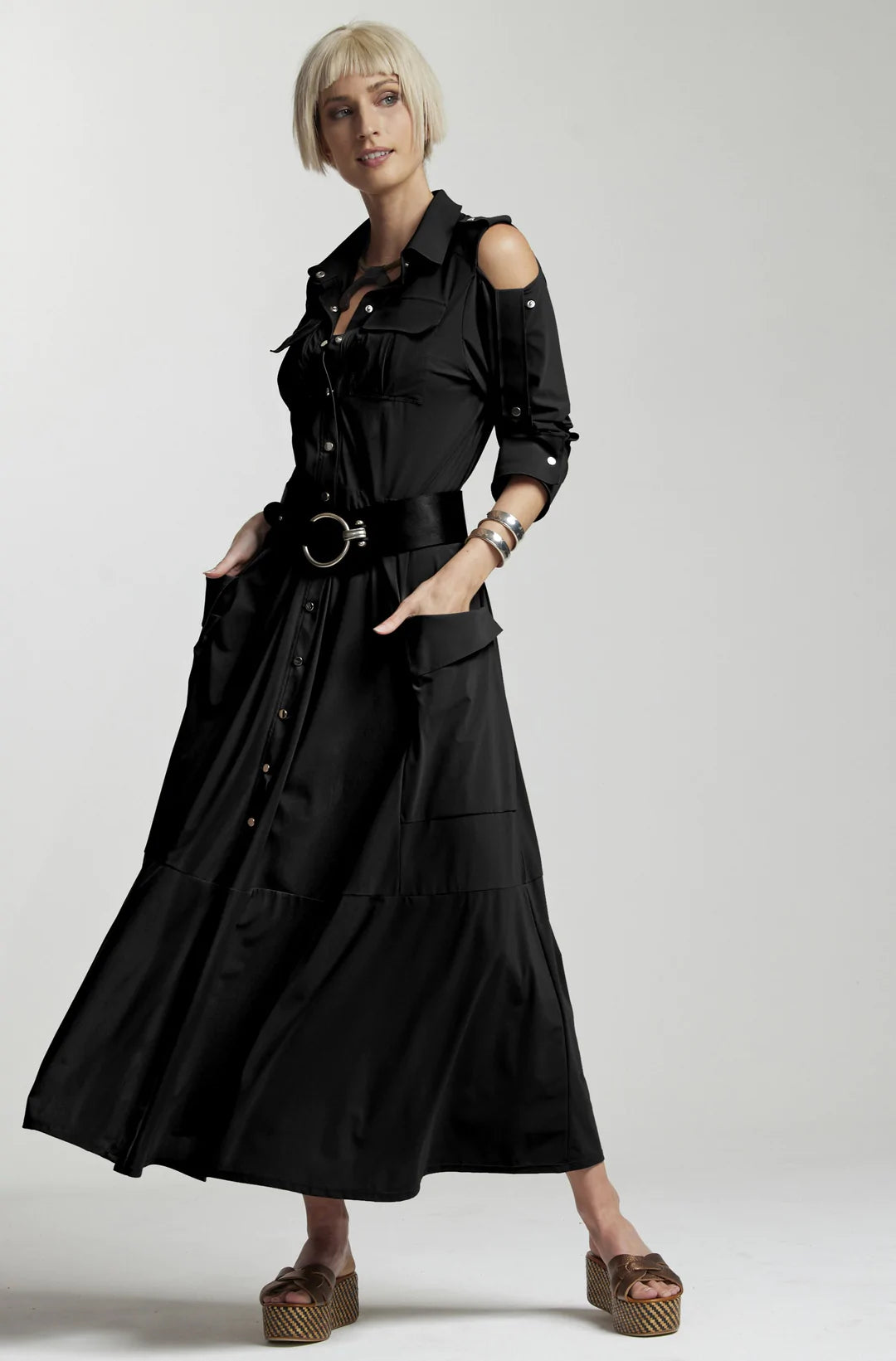 Paula Ryan Utility Shirt Dress - Black - Microjersey