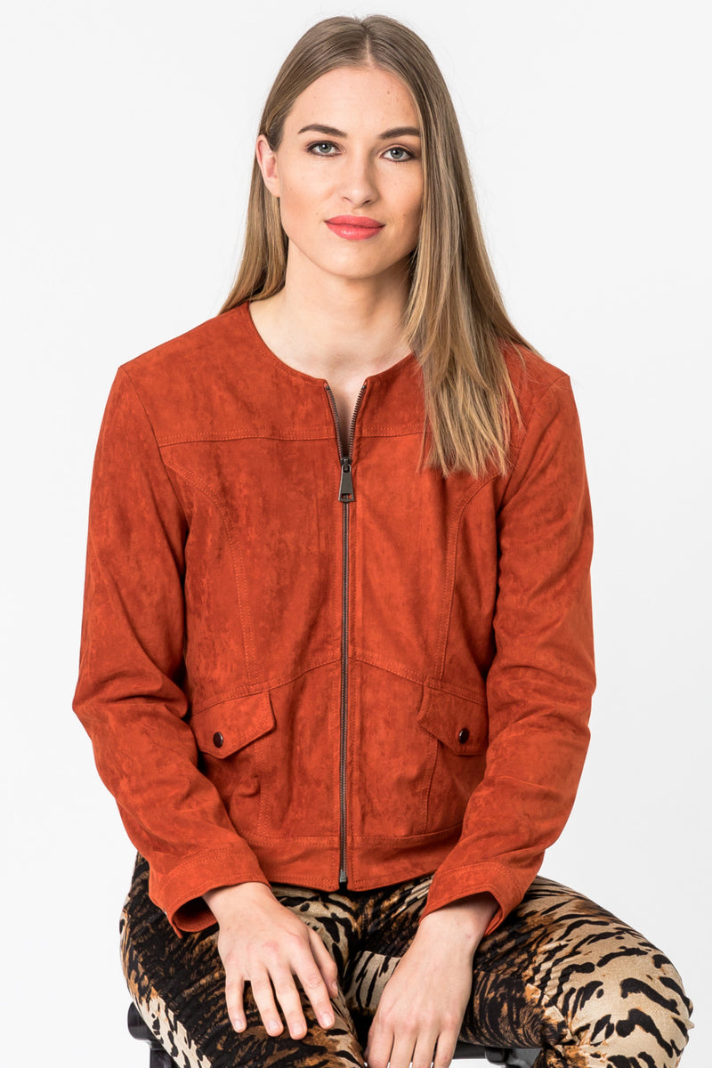 Collarless  Faux Syede Short Jacket - Burnt Orange