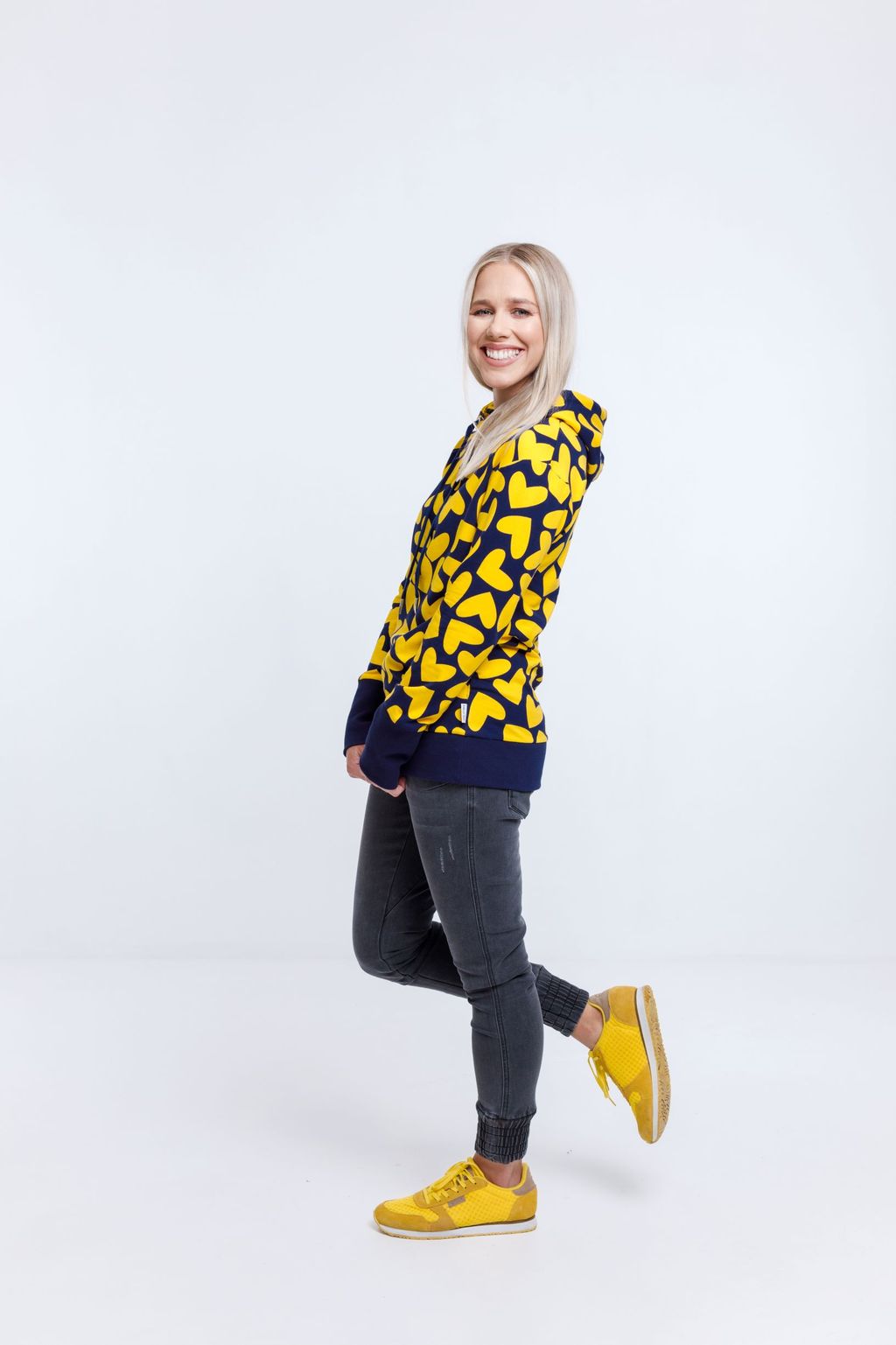Home Lee Hooded Sweatshirt Blue And Yellow Heart Print ROSSELLINI SHINE