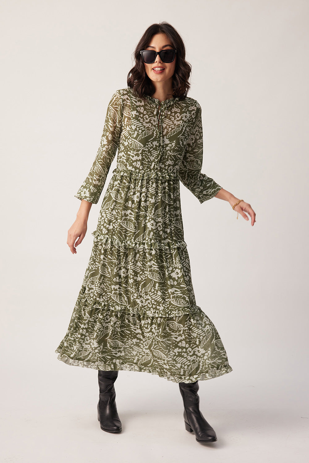 Ecote Floral Fishnet Long-Sleeve Maxi Dress