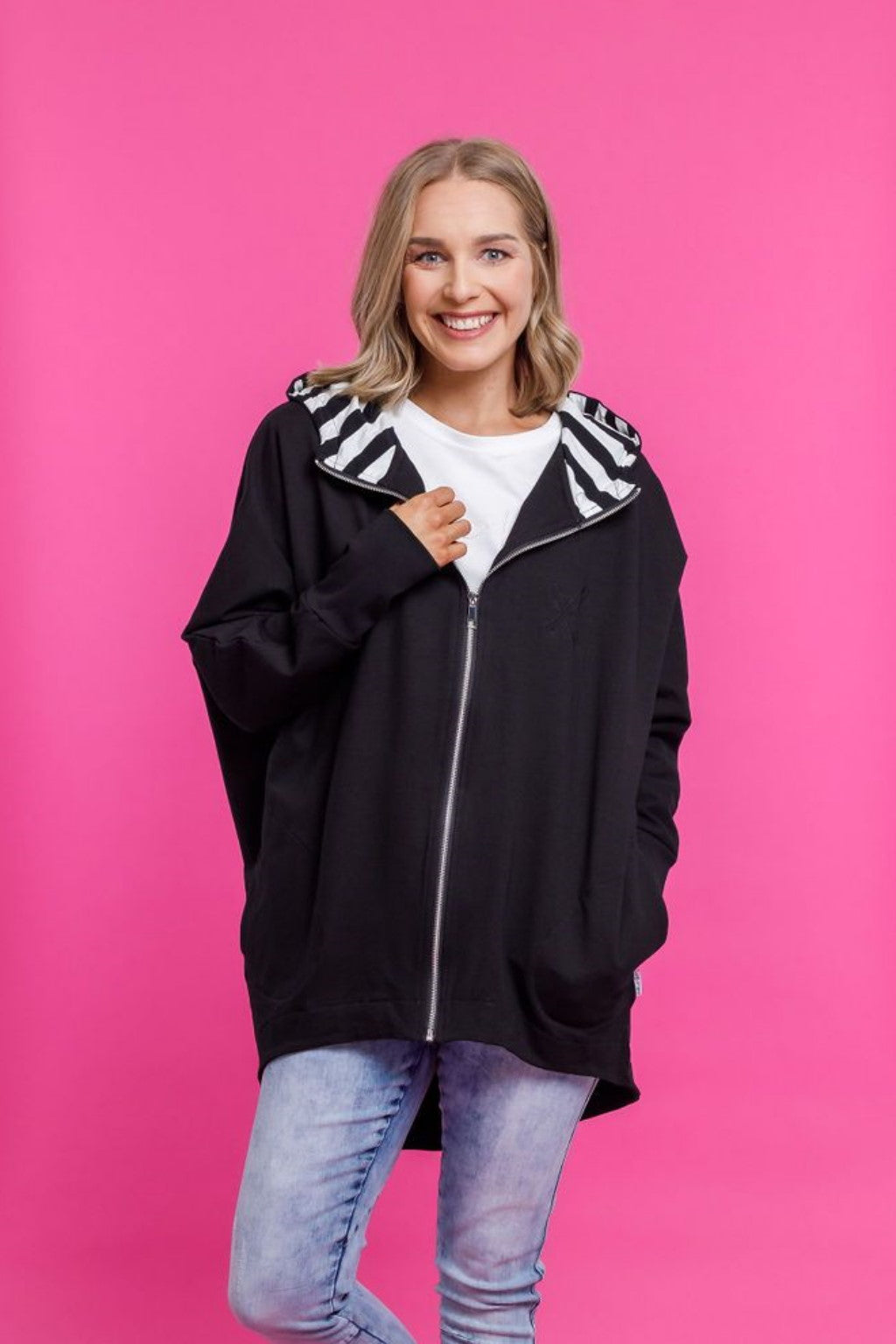Home Lee Oversized Batwing Hoodie - Black With X Outline Embroidery