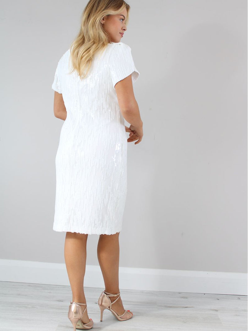 Frank Lyman Petal Sleeve Sequin Dress White
