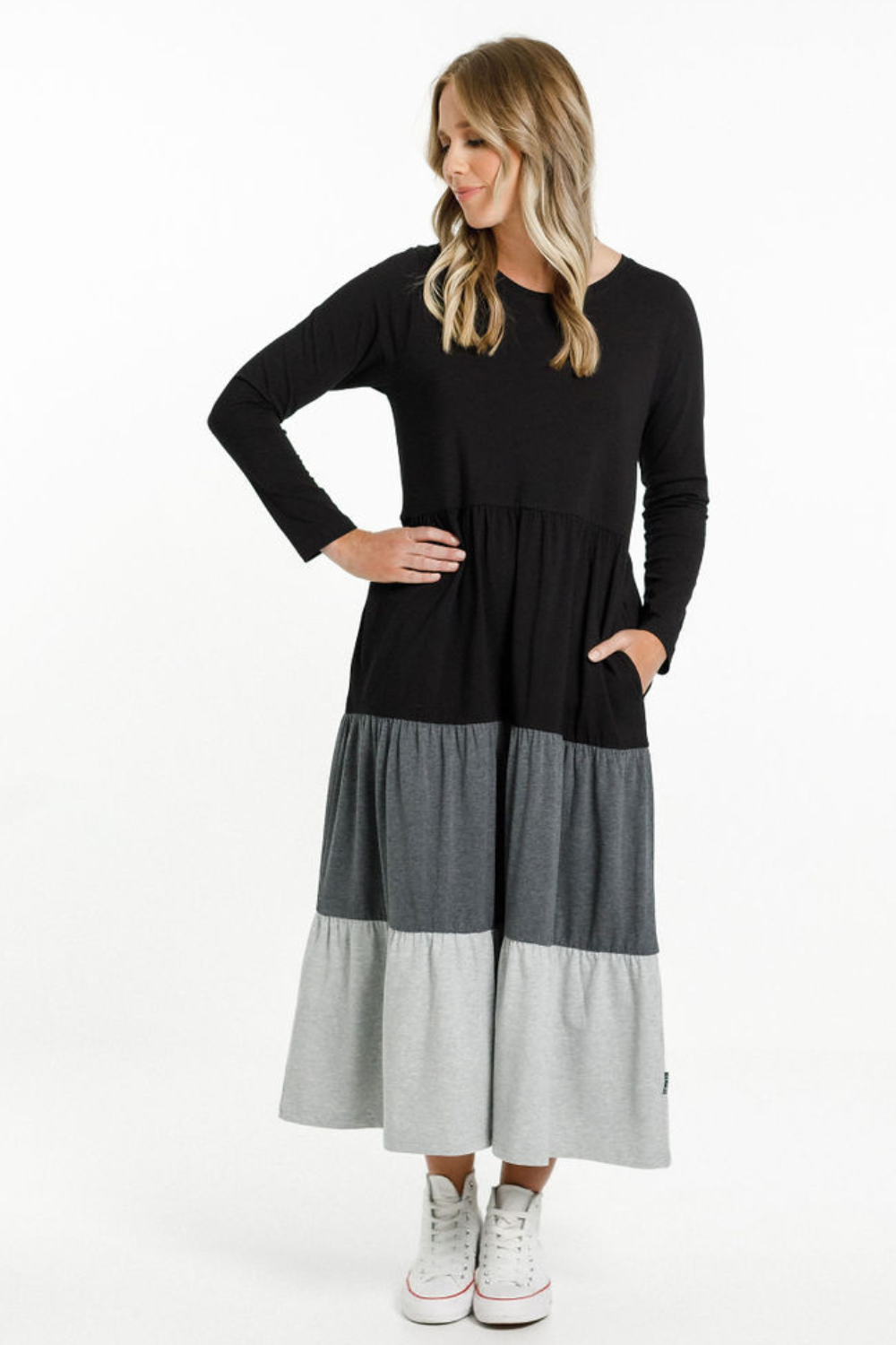 Home Lee Long Sleeve Kendall Dress- Black/Choarcoal/Grey